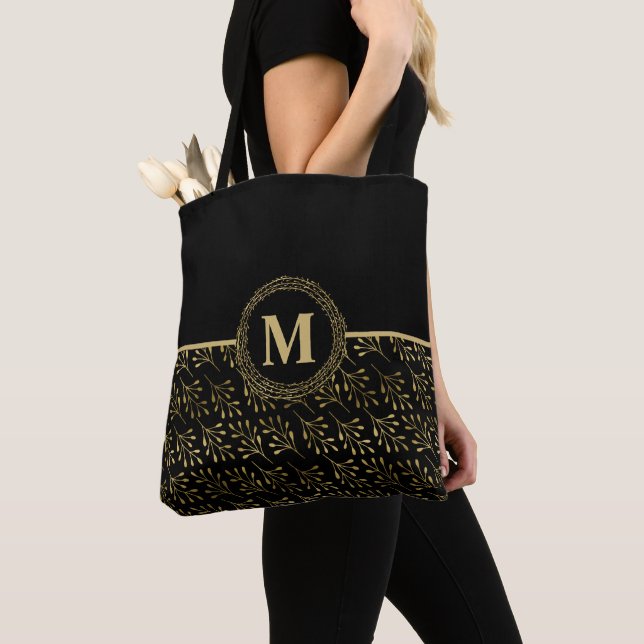 Gold Elegant #Monogram & Golden Leaf Pattern Black Tote Bag (Close Up)