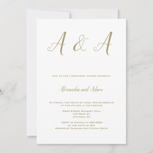 Gold elegant monogram rehearsal dinner invitations (Front)