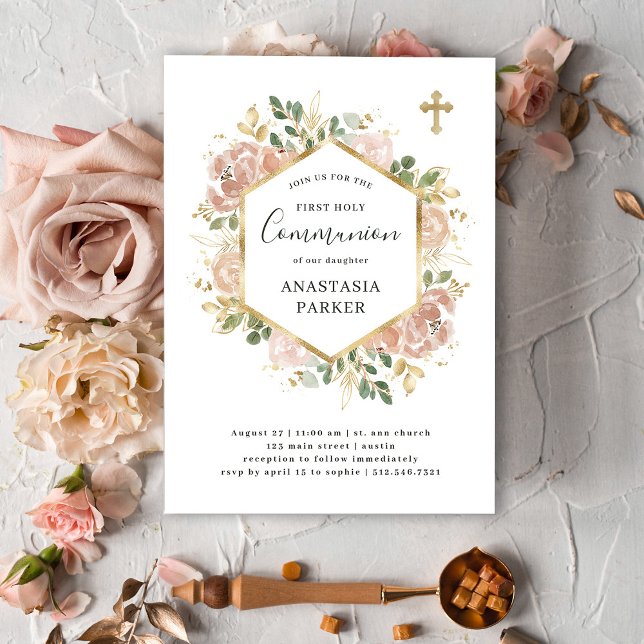 Gold Elegant Neutral Floral | First Holy Communion Invitation (Creator Uploaded)
