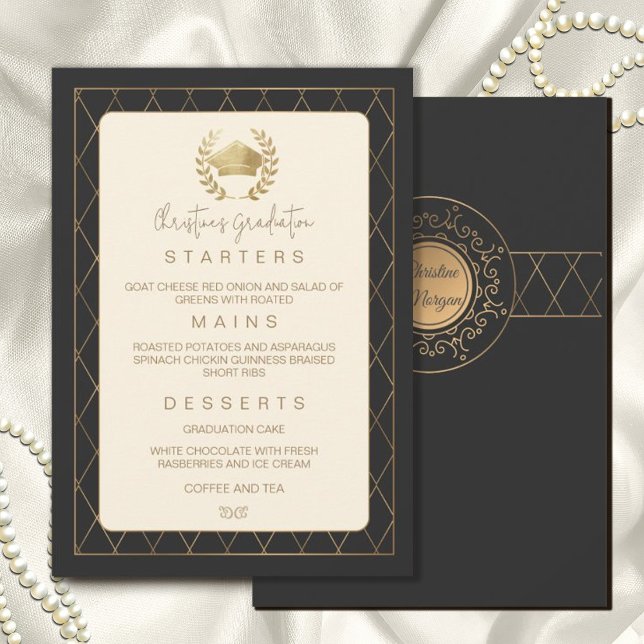 Gold Elegant Ornate Romantic Dinner Graduation Invitation (#graduation #graduationdinner #gradparty #zazzleinvitation #classic #vintage #gold #cap #capgrad)