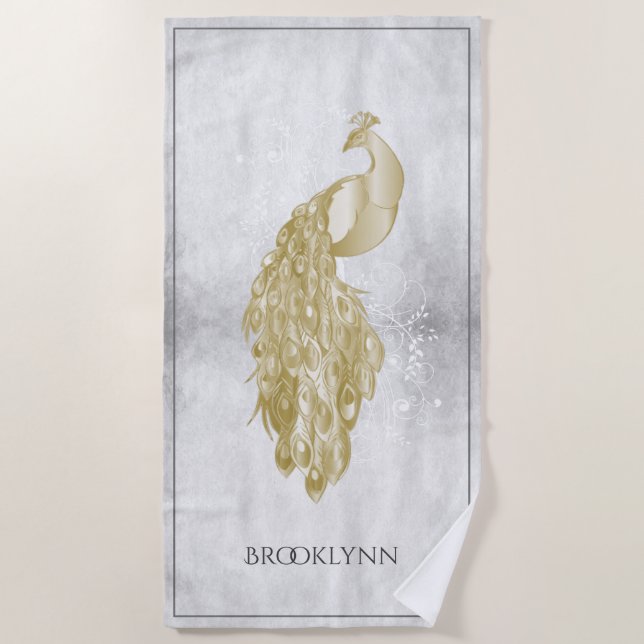 Gold Elegant Peacock Beach Towel (Front)