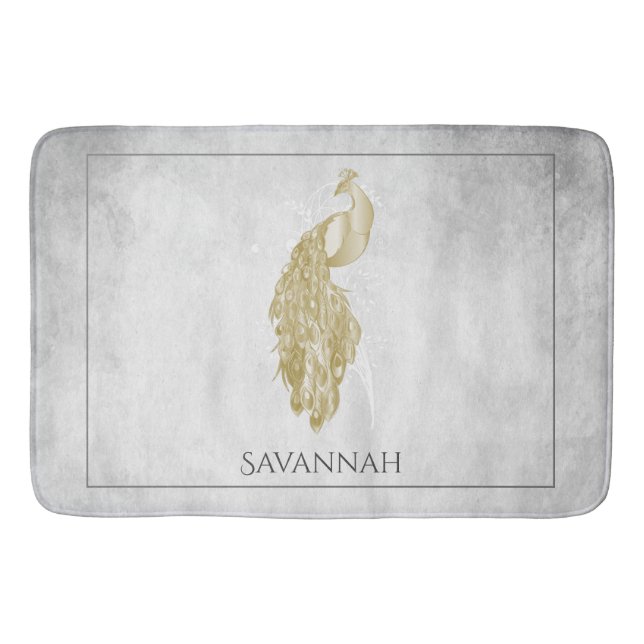 Gold Elegant Peacock Personalised Bath Mat (Front)