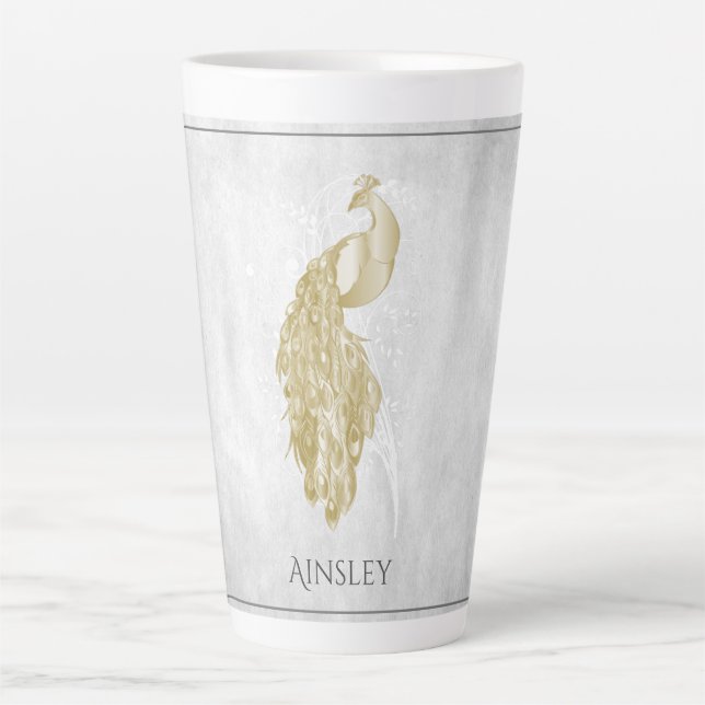 Gold Elegant Peacock Personalised Latte Mug (Front)