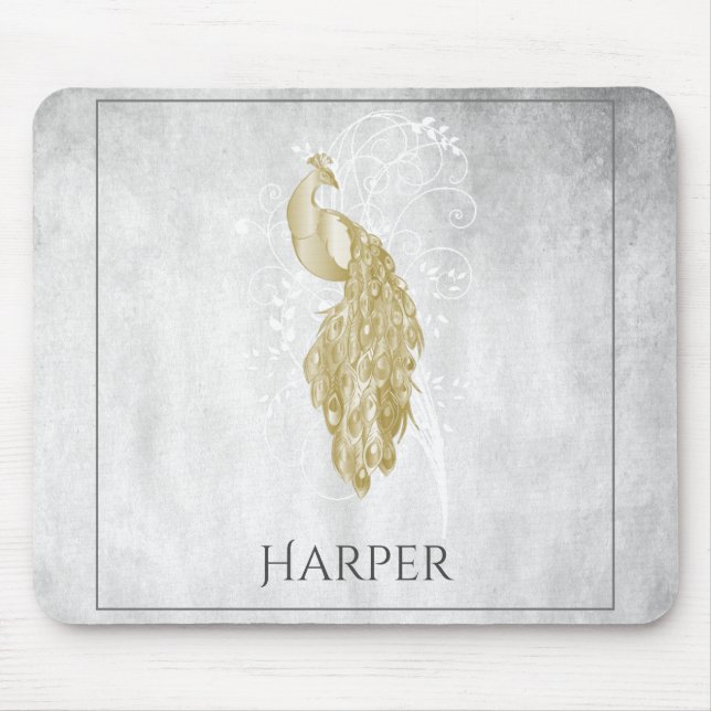 Gold Elegant Peacock Personalised Mouse Pad (Front)