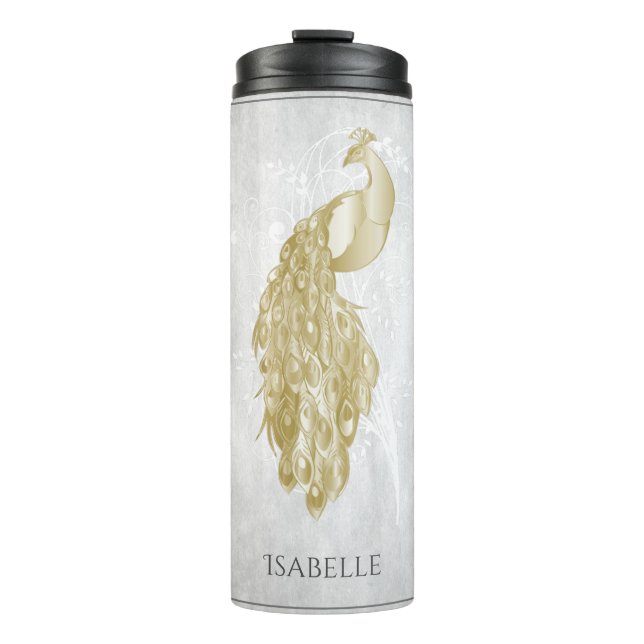 Gold Elegant Peacock Personalised Thermal Tumbler (Front)