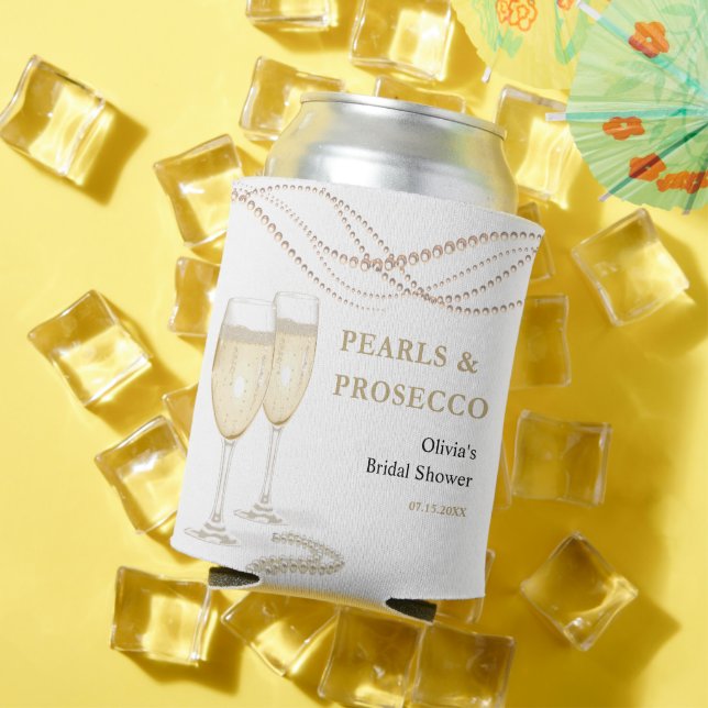 Gold Elegant Pearls and Prosecco Bridal Shower Can Cooler (In Situ Summer)