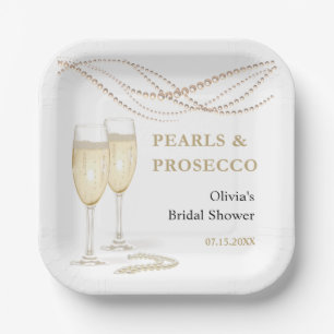 Gold Elegant Pearls and Prosecco Bridal Shower Paper Plate