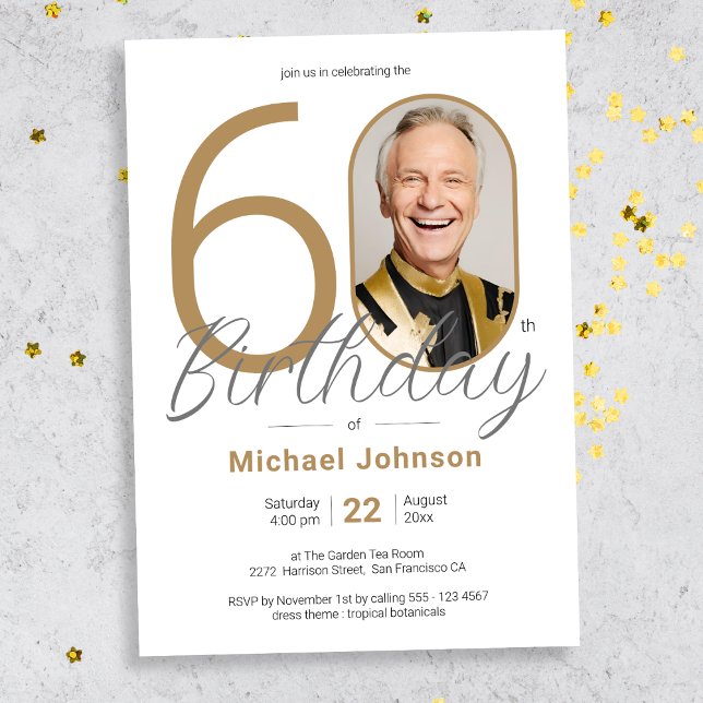 Gold Elegant Photo 60th Birthday Party Invitation (Mockup View)