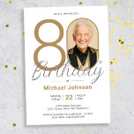 Gold Elegant Photo 80th Birthday Party Invitation<br><div class="desc">Gold Elegant Photo 80th Birthday Party Invitation. Elevate your milestone celebration with an invitation design that epitomises understated elegance and chic minimalism. Our black and gold theme exudes sophistication, creating a refined atmosphere for your special day. The custom photo feature adds a personalised touch, ensuring that each invitation is a...</div>