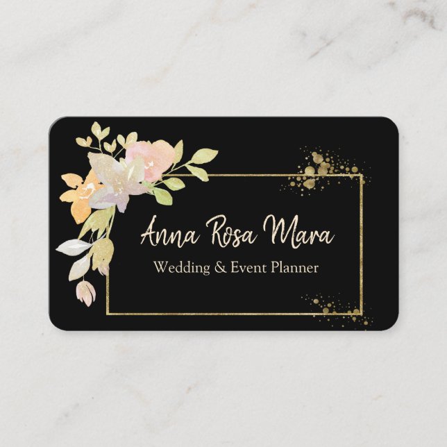 ** Gold Elegant Pink Lavender Watercolor Floral Business Card (Front)