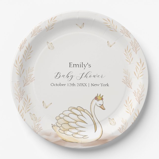 Gold Elegant Princess Swan Butterfly Baby Shower  Paper Plate (Front)