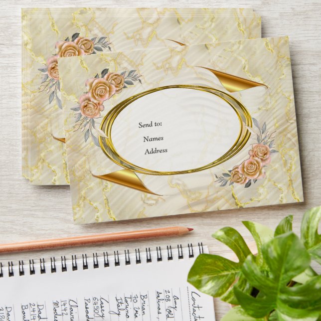 Gold Elegant Ripple Effect & Roses Leaves and Bird Envelope (Stacked)
