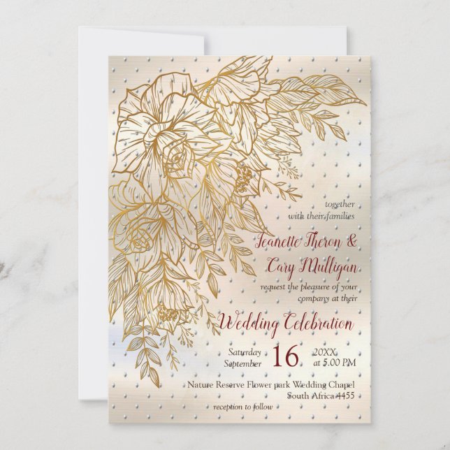 Gold Elegant Rose line drawing Invitation (Front)
