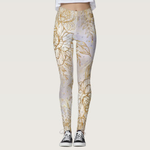 Gold Elegant Rose line drawing Leggings