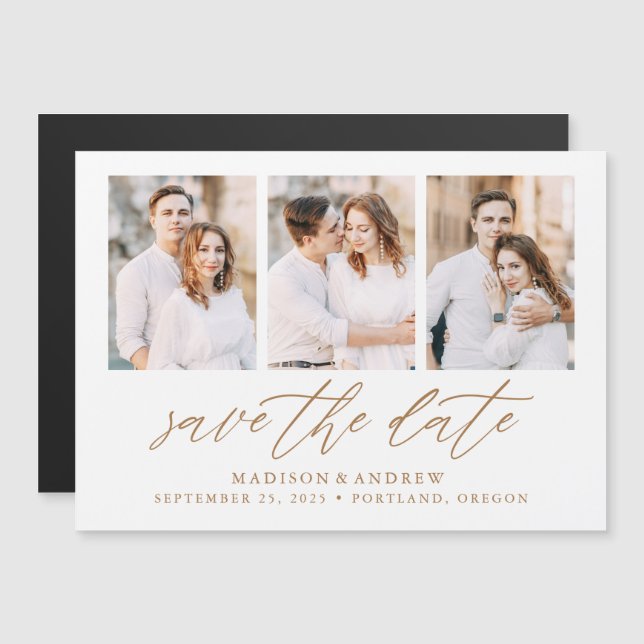Gold Elegant Script 3 Photo Collage Save the Date Magnetic Invitation (Front/Back)