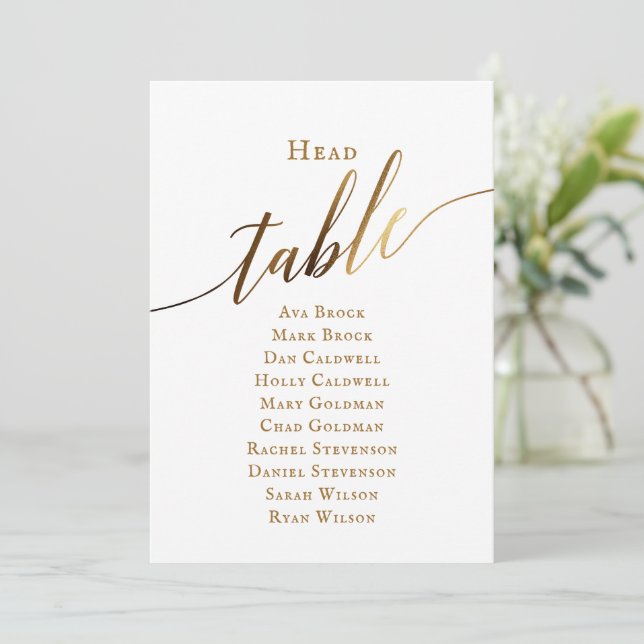 Gold Elegant Script  Head Table Seating Chart Invitation (Standing Front)