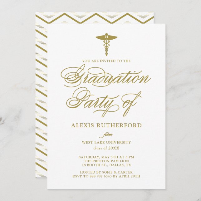 Gold Elegant Script Medical School Graduation Invitation (Front/Back)