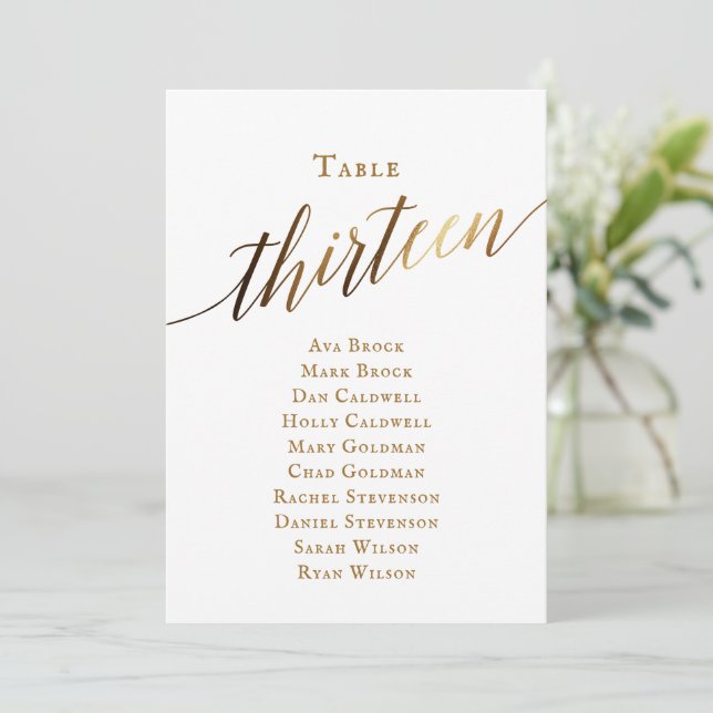 Gold Elegant Script Table Number 13 Seating Chart (Standing Front)