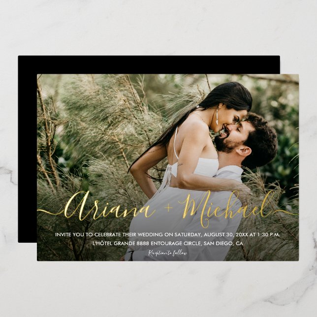 Gold Elegant Script Text overlay Photo Wedding  (Front/Back)