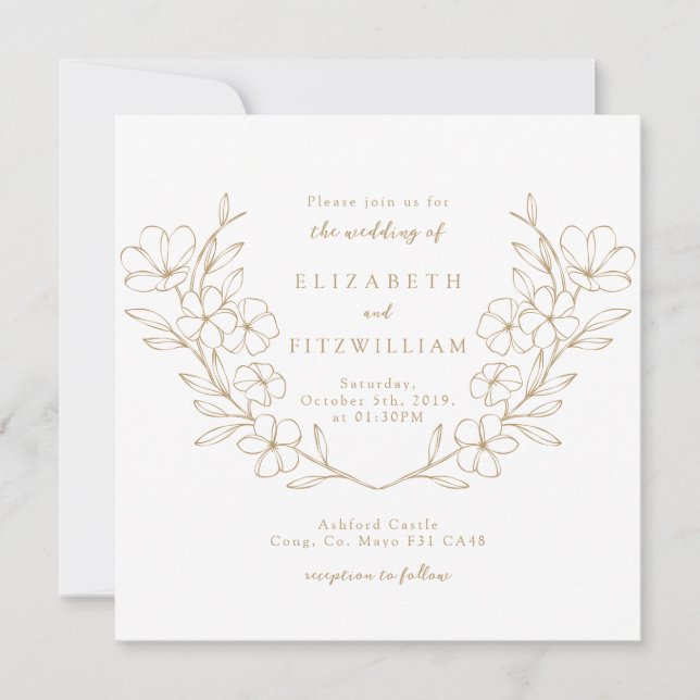 Gold Elegant Simple Cherry Blooming Blossom Wreath Invitation (Front)