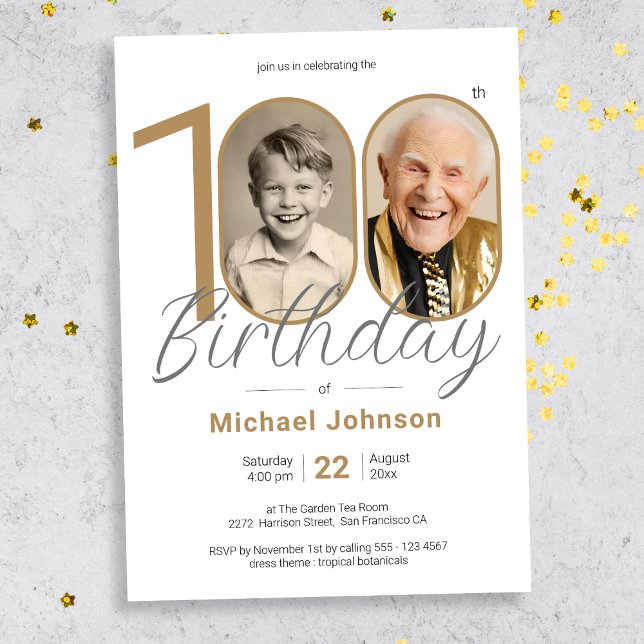Gold Elegant Simple Photo 100th Birthday Party Invitation (Mockup View)