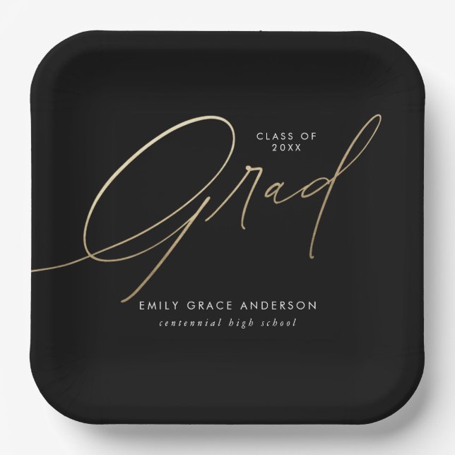 Gold Elegant Trendy Calligraphy Script Graduation Paper Plate (Front)