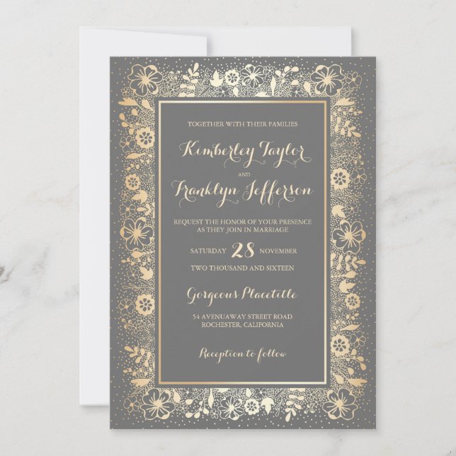 Gold Elegant Vintage Floral Wedding Invitation (Front)