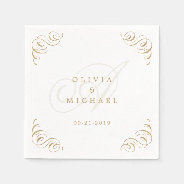 Gold elegant vintage flourish calligraphy wedding napkin (Front)