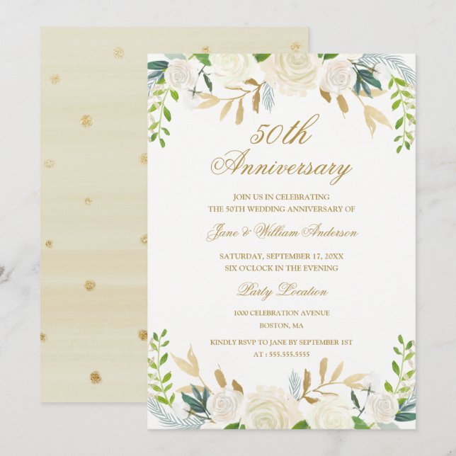 Gold Elegant Watercolor Floral Wedding Anniversary Invitation (Front/Back)