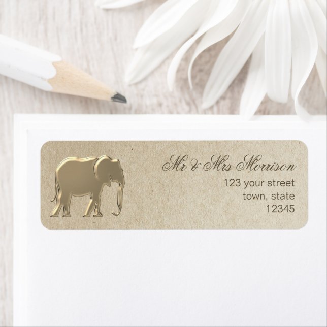 Gold Elephant Craft Paper Wedding Return Address (Insitu)