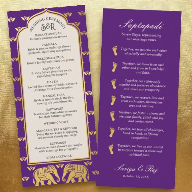 Gold Elephant Indian & Hindu Wedding Program Card (Hindu wedding program, Indian wedding program, Saptapadi seven steps, elephant lotus flower mundap)
