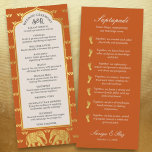 Gold Elephant Indian & Hindu Wedding Program Card<br><div class="desc">Weave elegance and tradition into your Hindu wedding ceremony with our personalised wedding program cards. The front showcases a beautiful elephant and gold lotus flower design, available in six captivating colours (red, orange, blue, purple, pink, and charcoal) to complement your wedding theme. All text on the program can be customised,...</div>