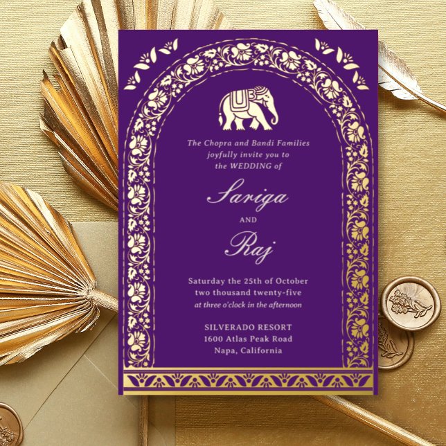 Gold Elephant & Lotus Flower Indian Wedding (Purple Indian wedding invitation with elephant and lotus flower motif, hindu wedding invitation card)