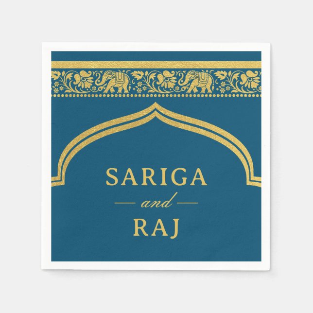 Gold Elephant & Lotus Flower Mundap Arch Wedding Napkin (Front)