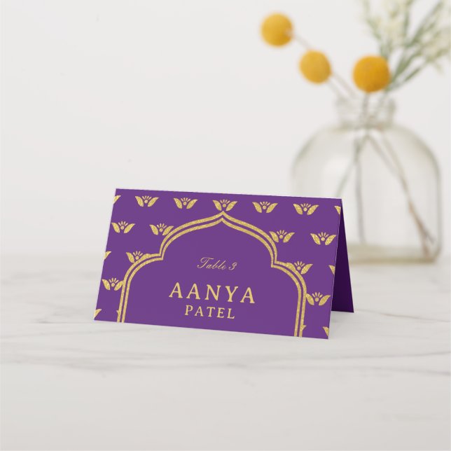 Gold Elephant & Lotus Flower Wedding Escort Name Place Card (Front)