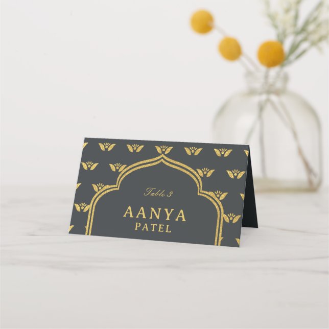 Gold Elephant & Lotus Flower Wedding Escort Name Place Card (Front)