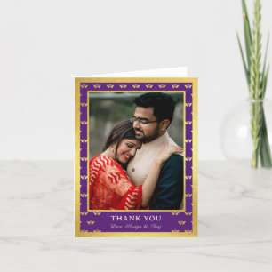 Gold Elephant & Lotus Flower Wedding Photo Folded Thank You Card