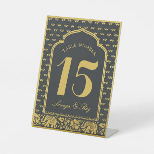 Gold Elephant & Lotus Flower Wedding Table Number Pedestal Sign