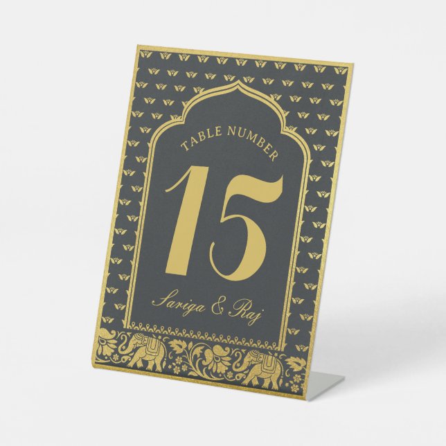 Gold Elephant & Lotus Flower Wedding Table Number Pedestal Sign (Front)