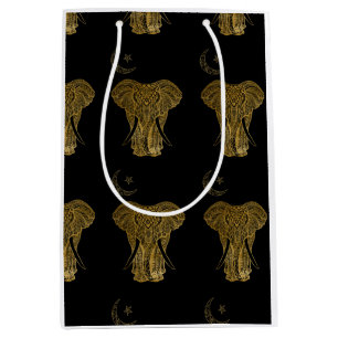 Gold elephant on black background gift bag