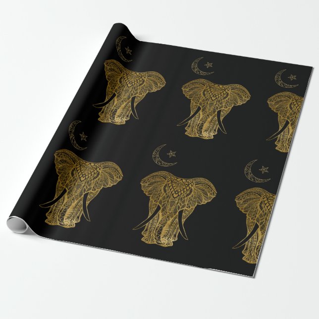 Gold elephant on black background wrapping paper (Unrolled)