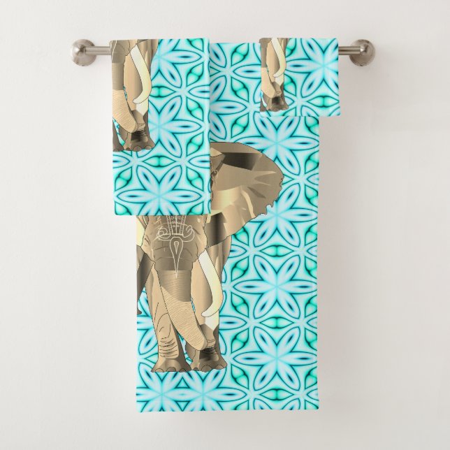Gold Elephant on Teal Bath Towel Set (Insitu)