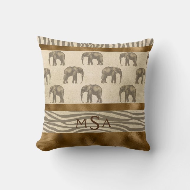 Gold Elephant Tiger Elegant Pretty Chic Monogram Cushion (Front)