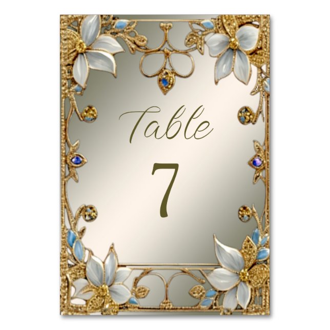 Gold Embellishing Frame White Floral Table Number (Front)