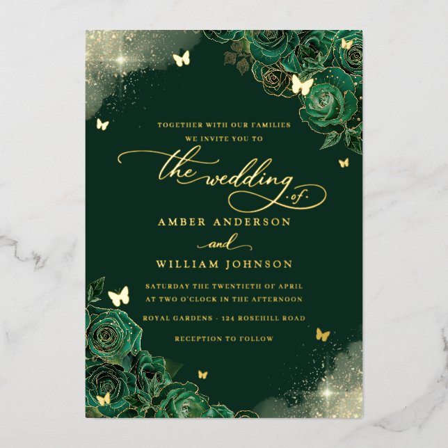 Gold Emerald Butterfly Floral Wedding  (Front)