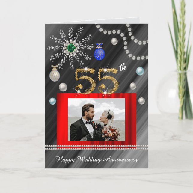 Gold Emerald Glitter Gems 55th Wedding Anniversary Card (Front)