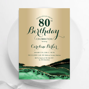 Gold Emerald Green Agate Marble 80th Birthday Invitation