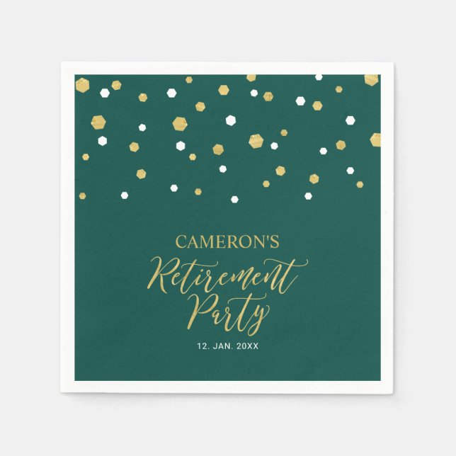 Gold & Emerald Green Chic Confetti Retirement Napkin (Front)