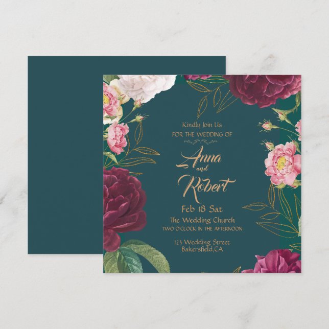 Gold & Emerald Green Floral  Save The Date (Front/Back)