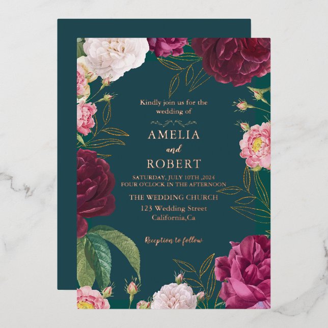 Gold & Emerald Green Floral Wedding (Front/Back)